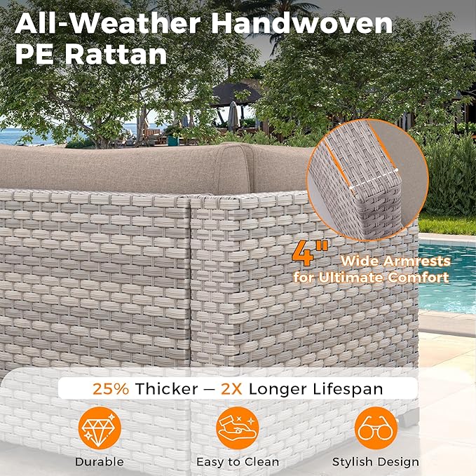 12-Seat Modular Patio Furniture Set – Outdoor Wicker Sectional Sofa with Thick 4″ Cushions, Dual-Strand PE Rattan, Rust-Resistant 18 mm Steel Frame, Backyard Garden Deck Lounge,Beige MASIONBACKYARDS