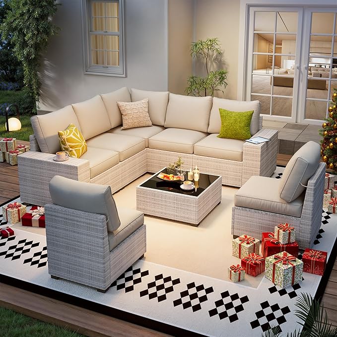8 Piece Outdoor Patio Furniture Set, Outdoor Sectional Furniture, Rattan & Wicker Modern Modular Conversation Set Sofa Couch W/Water Resistant Washable Thick Cushions and Coffee Table, Beige Olimix