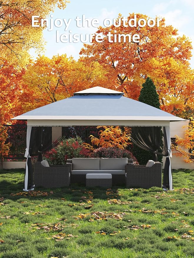 13 X 13FT Pop Up Gazebo, Canopy Tent, Gazebos on Clearance,Patio Folding Canopy with Mosquito Netting - Backyard Tent for Party, Wedding, Outdoor Dining, Patio, Backyard(Navy Blue+Hemp Grey) Hipicute