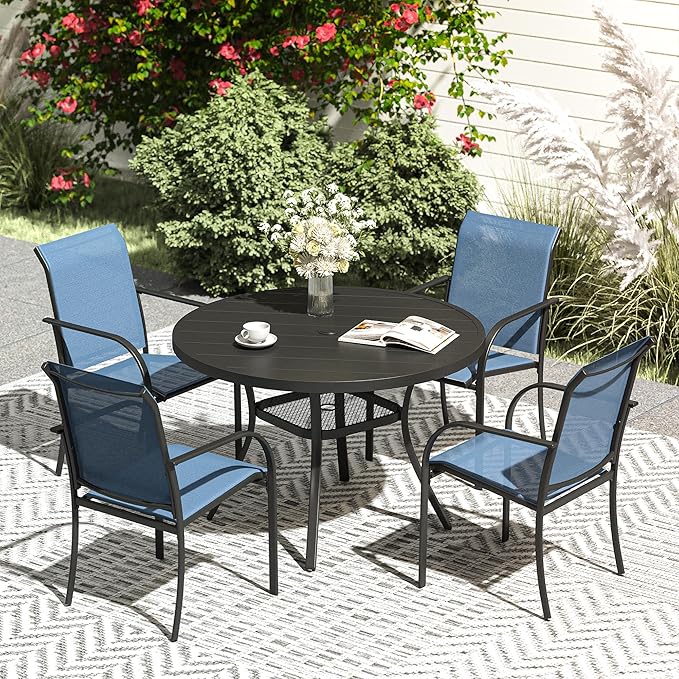 VICLLAX 5 Pieces Patio Dining Set, Outdoor Furniture Set Includes 41.2" Round Patio Table and 4 Patio Sling Chairs, Black Tabletop and Blue Fabric HOME