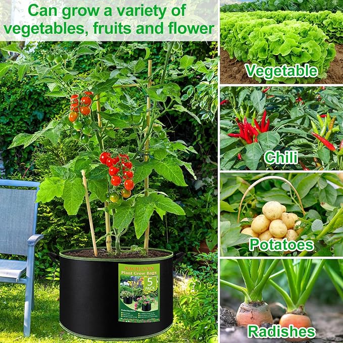 NACHLYNN 5-Pack 7 Gallon Grow Bags Thickened Nonwoven Fabric Pots with Handles Heavy Duty Aeration Fabric Pots Plant or Fruits Flowers Plant for Gardening Createyourownlifestory