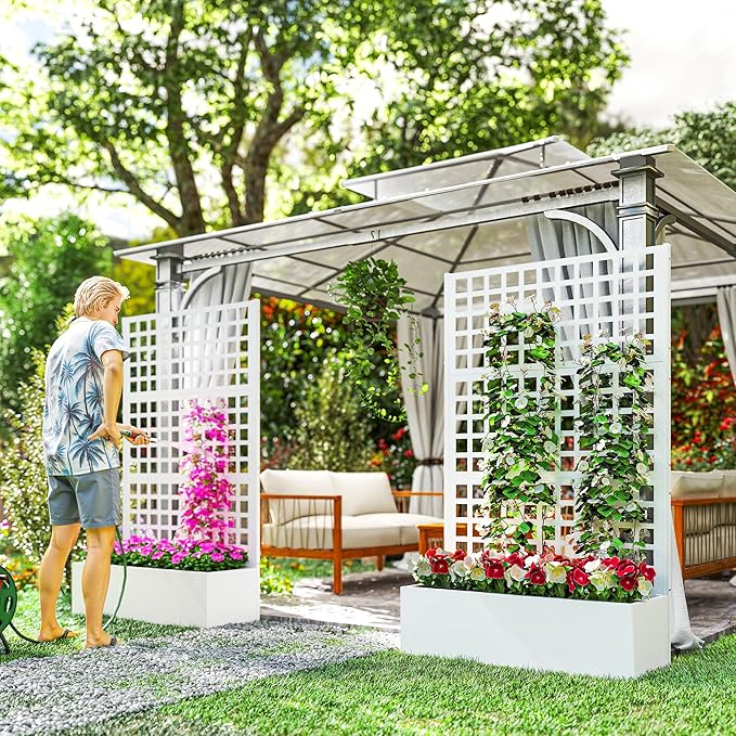 Outsunny Galvanized Raised Garden Bed with Trellis, Metal Planter Box with Drainage Holes, Outdoor Privacy Screen for Climbing Plants, Vegetable, Vines, 43" x 16" x 70", 2 Pack, White Outsunny