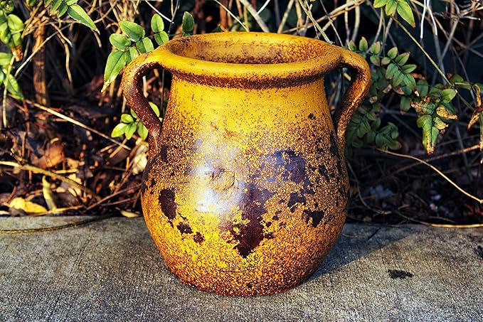 Goodman and Wife Egyptian Era Designed Earthen Ware Terra-Cotta Vessel/Planter with Looped Handles (Tulip Pumpkin Yellow) Goodman+and+Wife