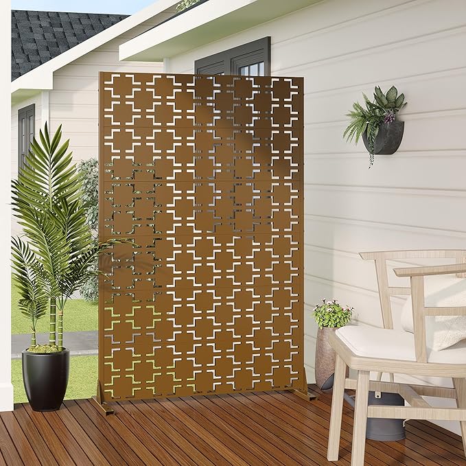Casaphoria Metal Privacy Screen Outdoor, 72" H x 47" W Freestanding Decorative Privacy Screen for Patio Deck Balcony Garden with Stable Base, Brown-Square Casaphoria