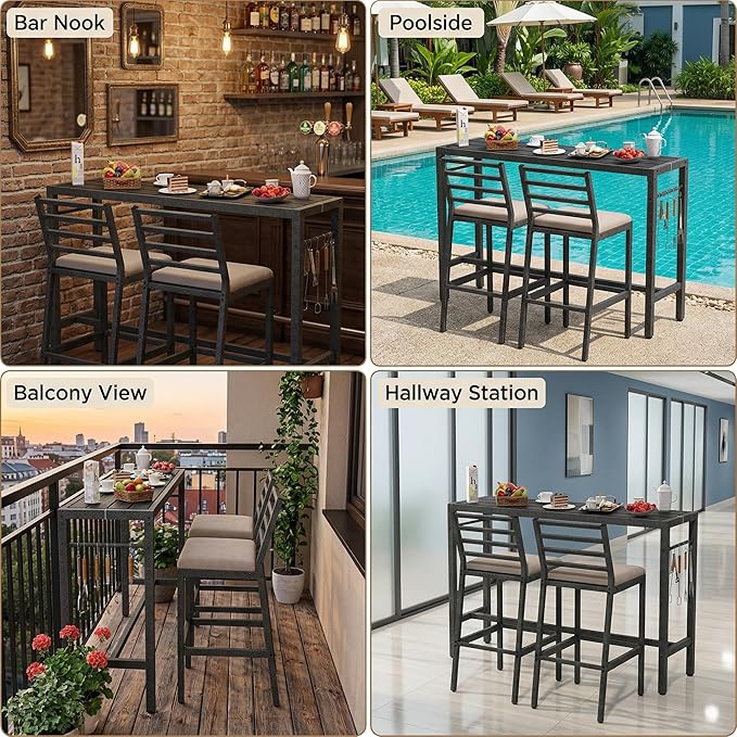 3Pcs Outdoor Patio Bar Set, 55" Rectangular High Top Table and Chairs Set with 2 Cushioned Bar Stools & Cover,Metal Pub Height Bistro Table Set for Balcony, Backyard, Porch, Deck,Garden, Pool Liskanap