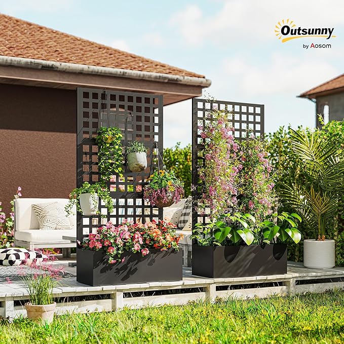 Outsunny Galvanized Raised Garden Bed with Trellis, Metal Planter Box with Drainage Holes, Outdoor Privacy Screen for Climbing Plants, Vegetable, Vines, 35" x 16" x 70", 2 Pack, Black Outsunny