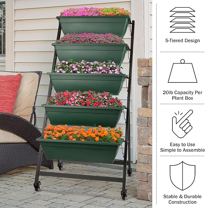 Raised Garden Beds - 5 Tier Vertical Garden Planter - Planters for Outdoor Plants - Gardening and Greenhouse Accessories by Pure Garden (Green) PureGarden