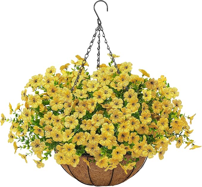 Artificial Faux Hanging Mums Plants Flowers Basket for Outdoors Summer Autumn Decoration,Hanging Planters with Fake Silk Daisy UV Resistant Realistic for Outside Porch Patio Balcony Garden Home Yellow Tiabean