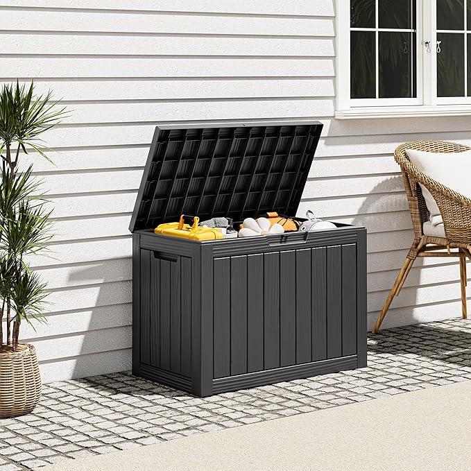 Outdoor Storage Box, Resin Deck Boxes Indoor and outdoor, Waterproof Storage Box Lockable Lid (Black, 50 Gallon) NBYSGO