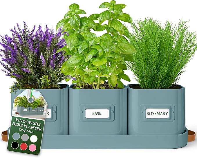 volila Herb Planter Indoor - Set of 3 Teal Blue Indoor Herb Garden Pots for Plants with Leather Handled Tray - Window Sill Plant Shelf - Herb Pots with Drainage Holes and Labels volila