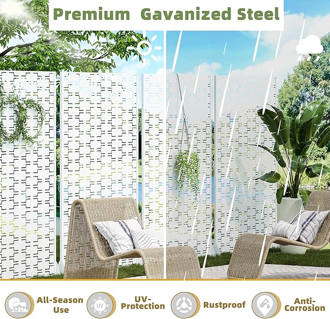 Casaphoria Metal Privacy Screen Outdoor, 72" H x 47" W Freestanding Decorative Privacy Screen for Patio Deck Balcony Garden with Stable Base, White-Brick Casaphoria