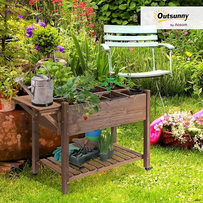 Outsunny Raised Garden Bed with 8 Grow Grids, Wooden Outdoor Plant Box Stand with Folding Side Table and Wheels, 49" x 21" x 34", for Vegetables, Flowers, Herbs, Brown Outsunny