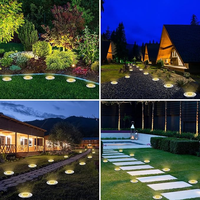 LYHOPE Solar Ground Lights Outdoor, 8 Pack 8 LED Solar Disk Lights Waterproof Garden In-ground Pathway Light Landscape Lighting for Lawn,Yard,Deck,Patio,Walkway (Warm White) LYHOPE