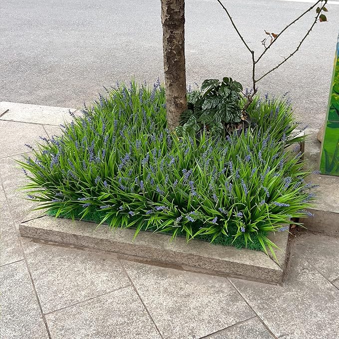 alyptus 12 Bundles Artificial Plants Outdoor Fake Monkey Grass with Flowers for Pot UV Resistant Plant Decor for Window Garden Patio Hanging Planter Pathway Front Porch (Grass with Flowers) ALYPTUS