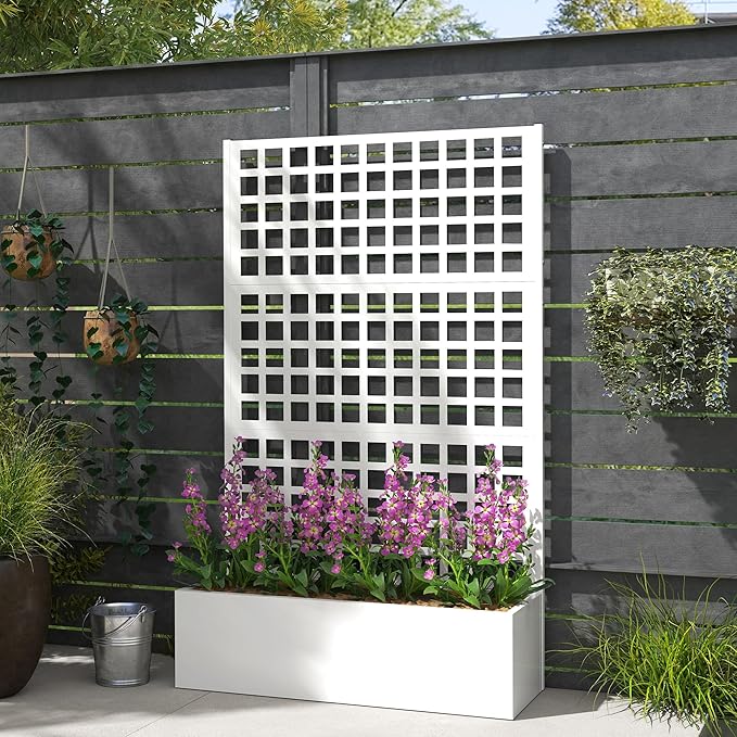 Outsunny Galvanized Raised Garden Bed with Trellis, Metal Planter Box with Drainage Holes, Outdoor Privacy Screen for Climbing Plants, Vegetable, Vines, 43" x 16" x 70", White Outsunny