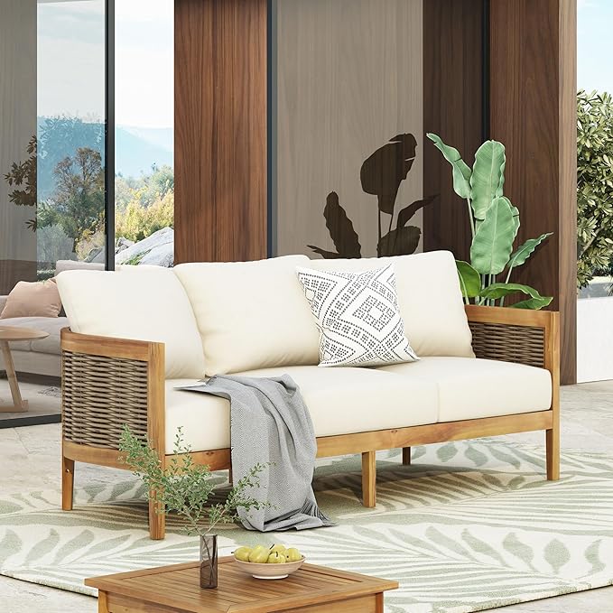 Merax 76.5" Outdoor Acacia Wood Wicker 3 Seater Sofa, Patio Furniture Couch for Backyard Merax