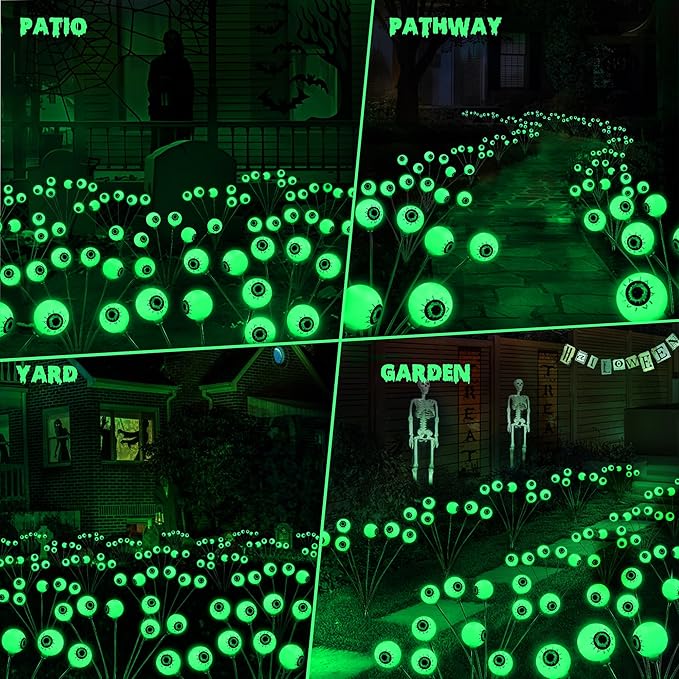 BrizLabs 8 Pack 48 LED Halloween Solar Lights, 2 Modes Outdoor Halloween Eyeball Pathway Lights, Solar Spooky Light Waterproof, Green Swaying Firefly Lighting for Path Yard Garden Lawn BrizLabs