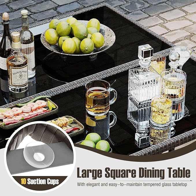 Tangkula 9 Piece Patio Dining Set, Rattan Chairs with Tempered Glass Table & Ottoman, Space Saving Wicker Sectional Conversation Set with Removable Cushions, Outdoor Furniture for Backyard Garden Deck TANGKULA
