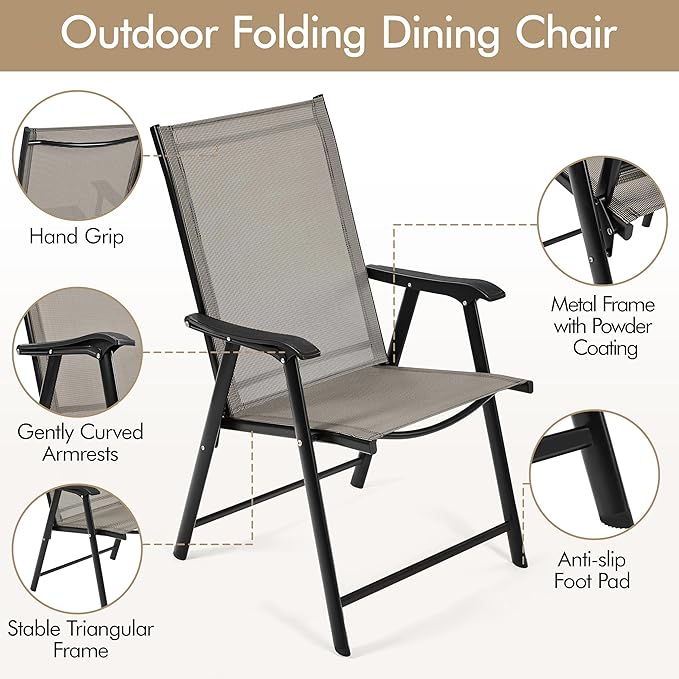 Yaheetech Outdoor Patio Chairs Set of 4, Portable Dining Chairs with Armrests for Camping, Lawn Yard Beach, Folding Outdoor Chairs 4-Pack with Metal Frame, Brown Yaheetech