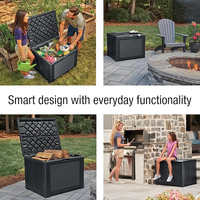 Rubbermaid Medium Resin Outdoor Storage Deck Box (74 Gal), Weather Resistant, Black, Deck Organization for Home/Backyard/Pool Chemicals/Toys/Garden Tools/Porch/Patio Cushions Rubbermaid