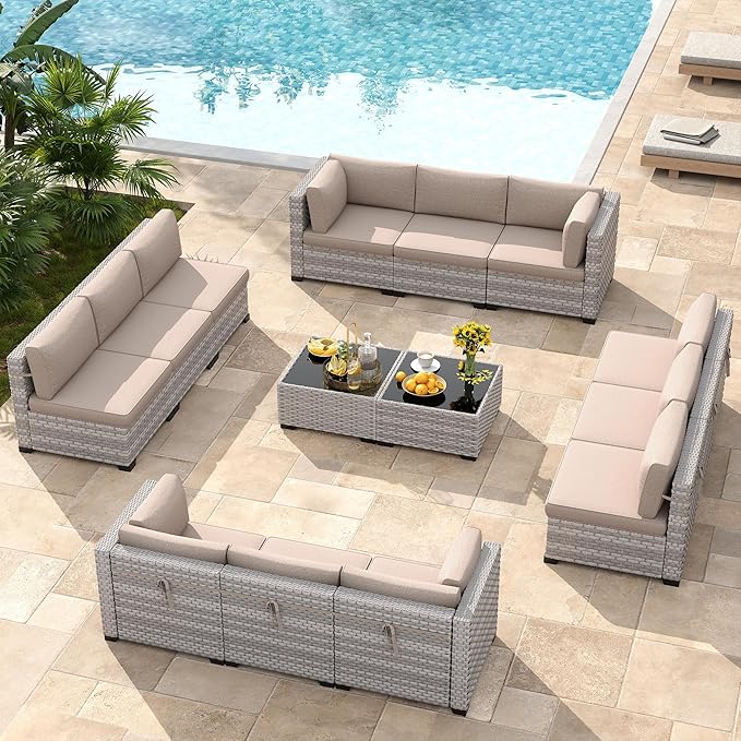 12-Seat Modular Patio Furniture Set – Outdoor Wicker Sectional Sofa with Thick 4″ Cushions, Dual-Strand PE Rattan, Rust-Resistant 18 mm Steel Frame, Backyard Garden Deck Lounge,Beige MASIONBACKYARDS
