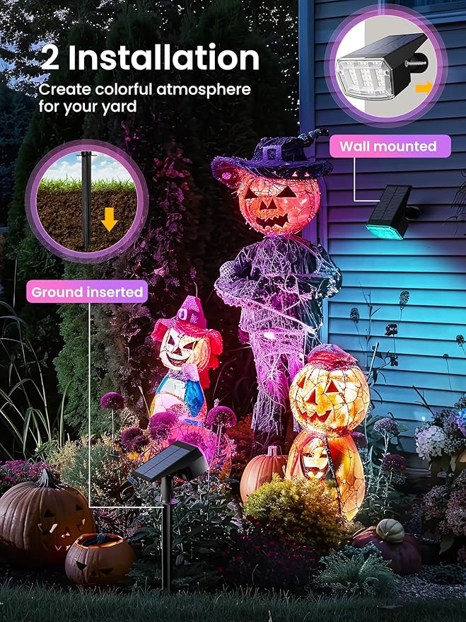 Color Changing Solar Spot Lights Outdoor, 9 Lighting Modes Colored Solar Lights Outdoor RGB, Color Light Waterproof IP65, Landscape Spotlights for Halloween Christmas Decorations AUDERWIN