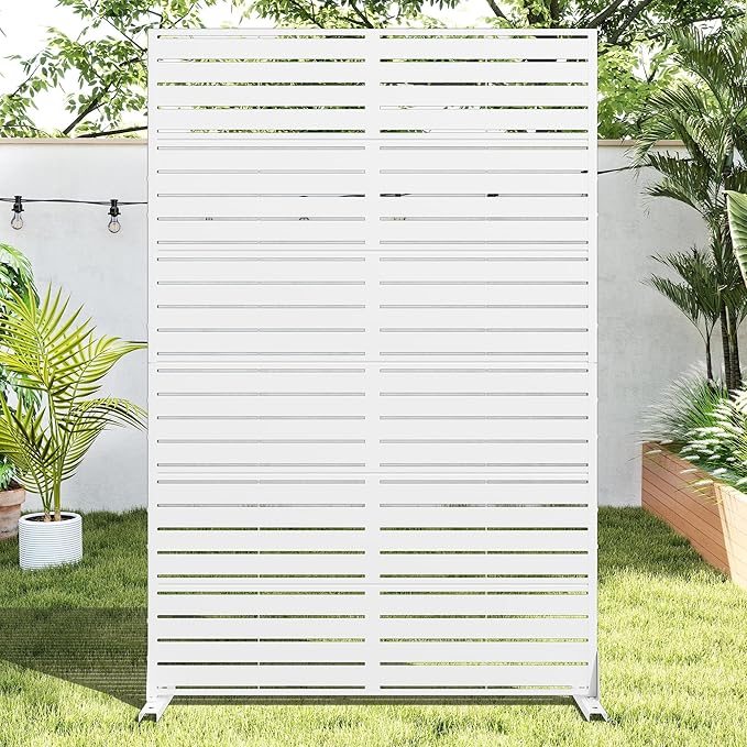 Casaphoria Metal Privacy Screen Outdoor, 72" H x 47" W Freestanding Decorative Privacy Screen for Patio Deck Balcony Garden with Stable Base, White-Louvered Casaphoria