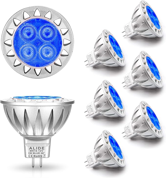 ALIDE MR16 GU5.3 Blue Led Bulbs 5W,20W 35W 50W Halogen Equiv,Low Voltage 12V MR16 Blue Color Bulb Spotlights for Outdoor Landscape Flood Yard Garden Tree Pool Step Lighting,Not Dimmable,38 Deg,6 Pack ALIDE
