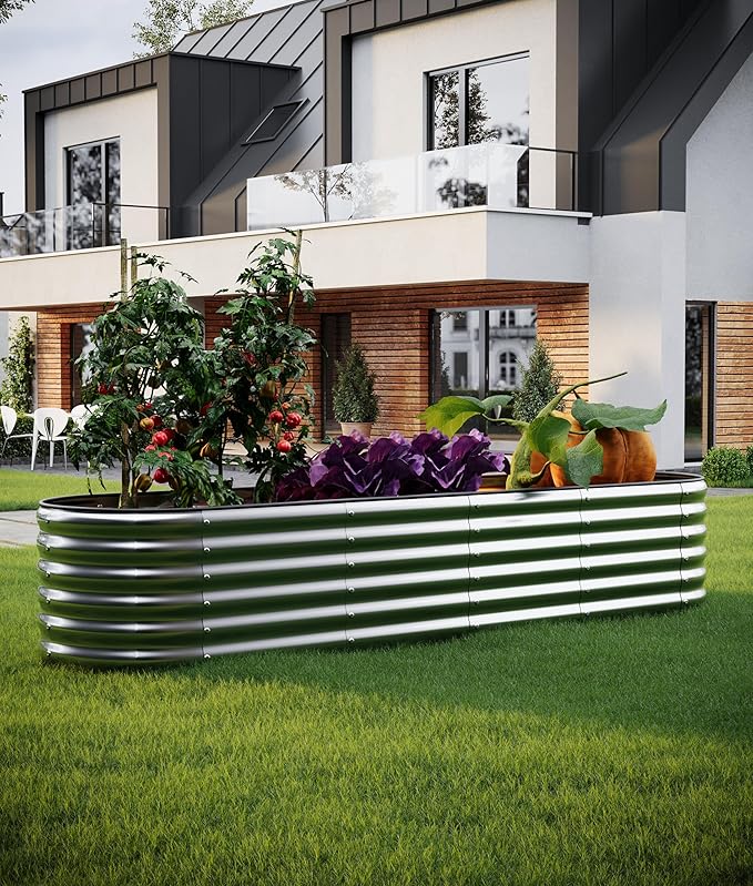 Large Raised Garden Bed Galvanized Metal Round Raised Garden Bed Outdoor for Gardening，8x2x1FT for Vegetables Flowers Ground Planter Box ZFHgarden
