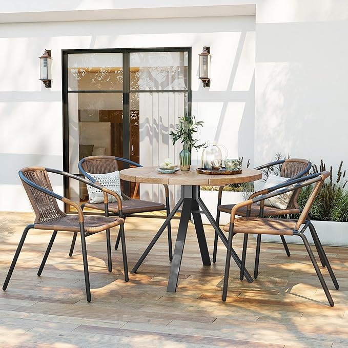 Amopatio Outdoor Dining Chairs Set of 6, Rattan Wicker Patio Chairs, Stackable Indoor-Outdoor Chairs, Bistro, Deck, Yard, Porch, 6 Pack, Brown Amopatio