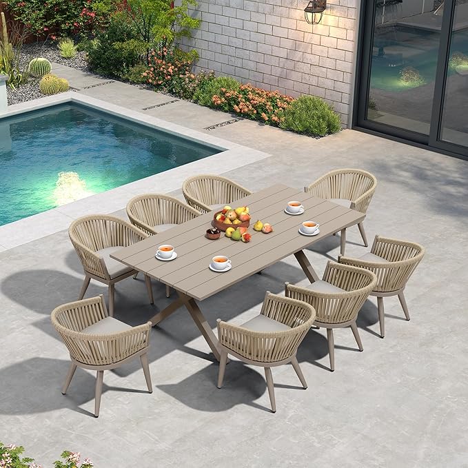 PURPLE LEAF 9 Pieces Outdoor Dining Set with Patio Aluminium Dining Table and Wicker Rattan Chairs Modern Furniture Cushions Sets for Backyard Indoor Decor Kitchen Champagne PURPLELEAF