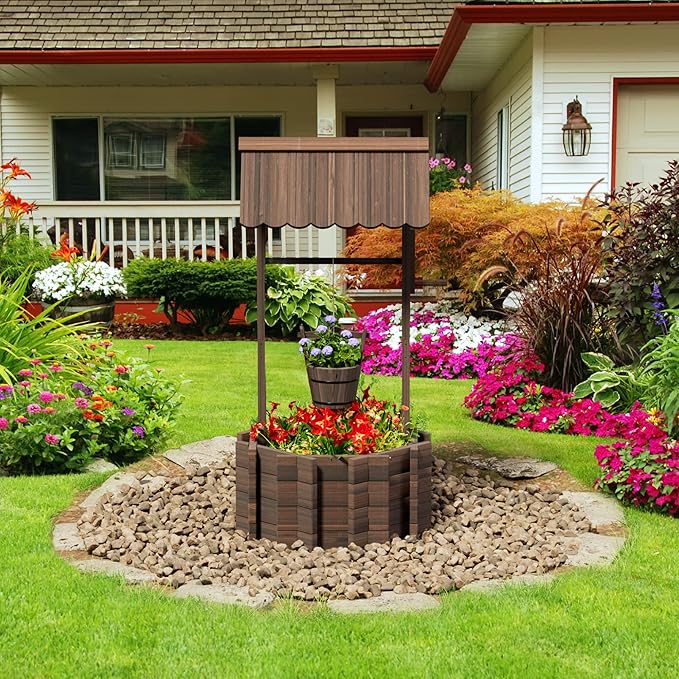 UDPATIO Rustic Solid Fir Wood Wishing Well Planter for Outdoor Plants, 16.5 in Diameter UDPATIO