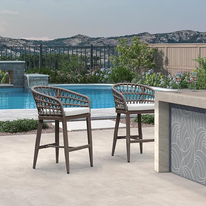 PURPLE LEAF Outdoor Rattan 24" Counter Height Bar Stools Chair Set of 2, Modern Patio Wicker Barstool with Backrest for Indoor and Outdoor, Kitchen Island, Coffee PURPLELEAF