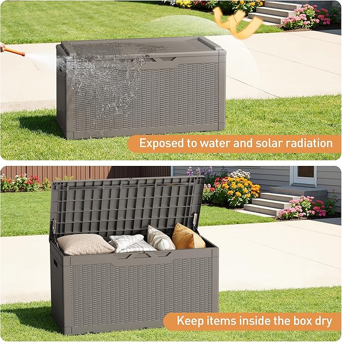 Greesum 100 Gallon Resin Deck Box Large Outdoor Storage Boxes with Cushions for Garden Tools, Patio Furniture Pillows, Pool Supplies, Light Coffee BuynowfromGreesum