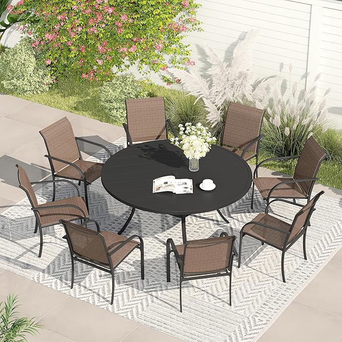 VICLLAX Patio Dining Set for 8, Outdoor Furniture Set Includes 53" Round Patio Table and 8 Patio Sling Chairs, Black Tabletop and Brown Fabric HOME