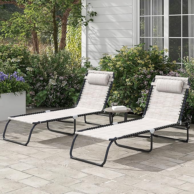 Outsunny Folding Chaise Lounge Chair Set of 2, Patio Sun Tanning Chair, Outdoor Chaise Lounger with 4-Position Reclining Back, Breathable Mesh Seat for Beach, Poolside, Cream Outsunny