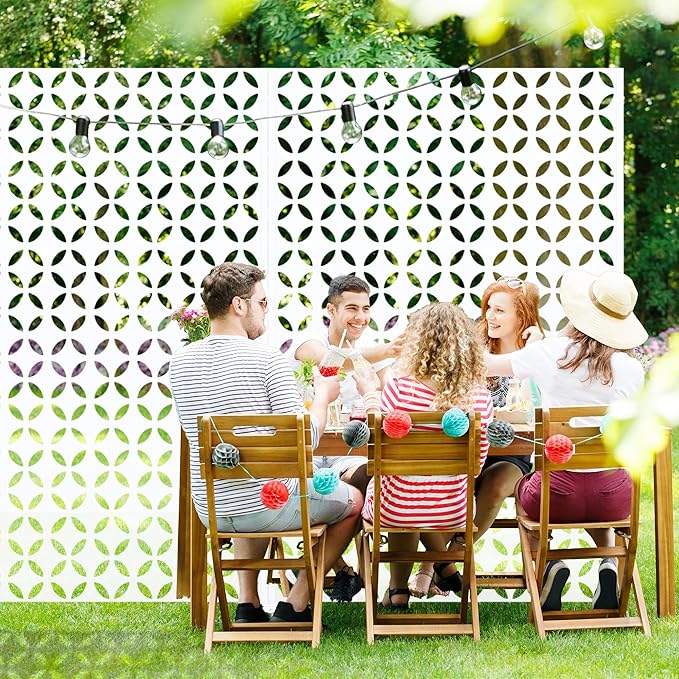 Casaphoria 72" H x 47" W Metal Privacy Screen, Outdoor Freestanding Decorative Divider for Patio, Deck, Balcony, and Garden with Stable Base, White-Daniel Casaphoria