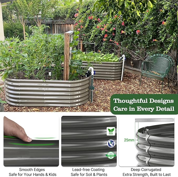 A ANLEOLIFE 12-Pack Galvanized Raised Garden Beds Outdoor, 18" Deep Modular Metal Planter Box Kit, Whole Backyard Farm Garden System with Oval Heart & Round Beds for Vegetable & Flowers, Quartz Grey AAnleolife
