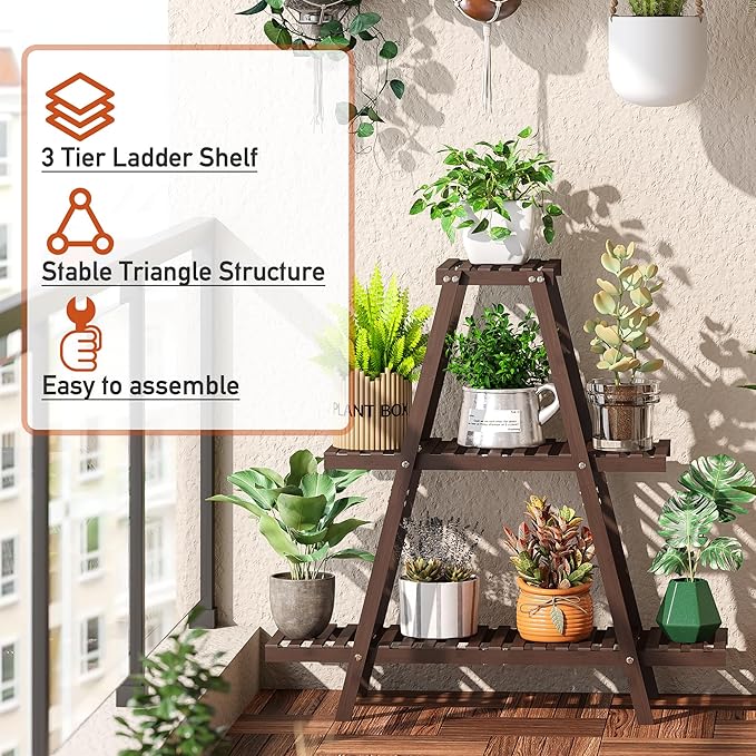 GHWIE Plant Stand Indoor Plant Shelf Outdoor bamboo Plant Rack, 3 Tiers Ladder Plant Holder Flower Stand for Living Room Balcony Garden Patio,Living Room Boho Home Decor for Gardening Gifts (Brown) GHWIE