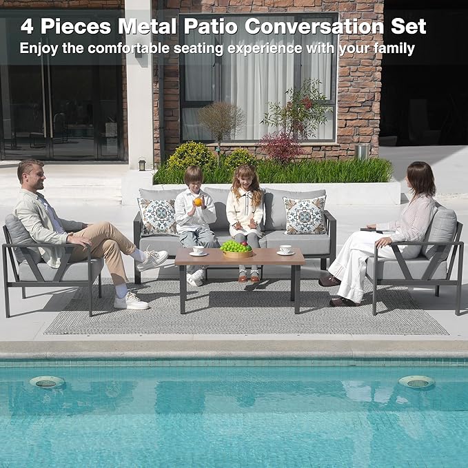 Outdoor Patio Furniture Set, 4 Pieces Metal Patio Furniture Set with Coffee Table, Modern Outdoor Patio Conversation Seating Set with 6” Thick Cushions, Light Grey COMLAXFIELD
