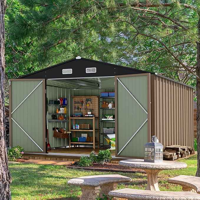 Devoko 10 x 10 FT Outdoor Storage Shed, Metal Garden Sheds & Outdoor Storage Clearance, Large Tool Shed Outdoor with Single Lockable Door for Patio Lawn Backyard (Brown)