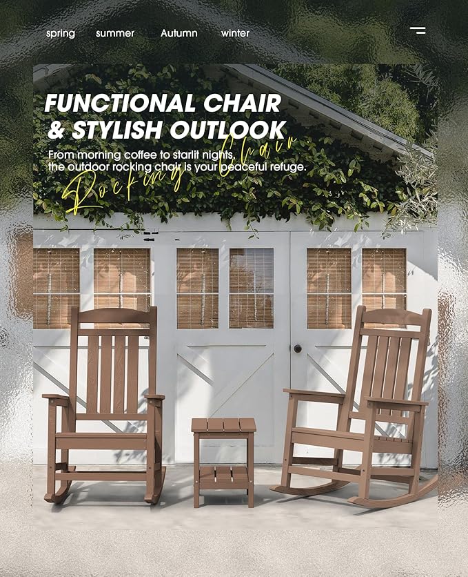 KINGYES Outdoor Rocking Chair Set of 2, High Density Polyethylene Patio Rocking Chairs with 330lbs Support for Adults, Brown KINGYES