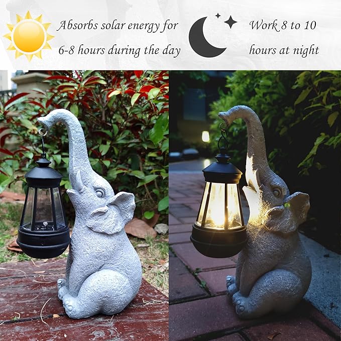 Elephant Solar Garden Statues,Resin Elephant Figurine Decorations with Solar Lights Lantern, Outdoor Figurines Lawn Garden Statue Decor Art for Lawn,Yard, Balcony Ornament. Qobumy