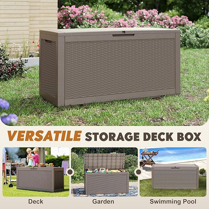 Outdoor Storage Box, Resin Deck Boxes Indoor and outdoor, Waterproof Storage Box Lockable Lid (Grey, 110 Gallon) NBYSGO