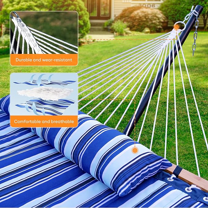 Double Hammock with Spreader Bar,Soft Pillow,Max Load 500lbs,Portable Hammock for Outdoor,Camping,and Backyard,Aqua Blue Rootora