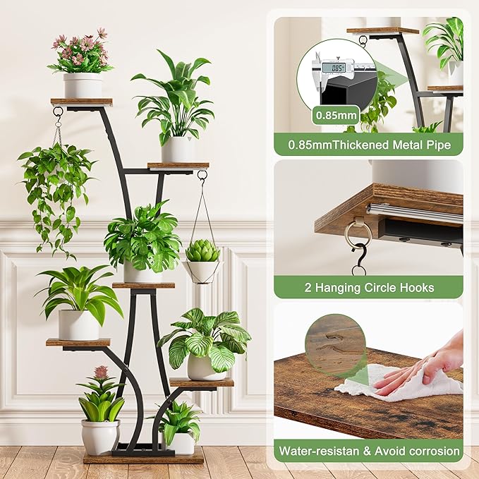 Plant Stand with Grow Light for Indoor Plants, 6 Tiered Metal Plant Shelf, 45" Indoor Plant Rack with 7 Shelves and 2 Hooks, Modern Corner Plant Holder for Living Room Balcony Bedroom, Black Rootora