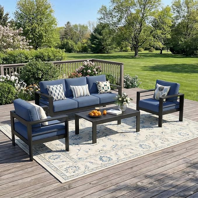 Solaste Aluminum Outdoor Patio Furniture Set, 5 Seats Patio Sectional Sofa with 5" Thick Cushion, Outdoor Patio Set with Coffee Table for Porch, Backyard, Deck, Yard, Blue Solaste