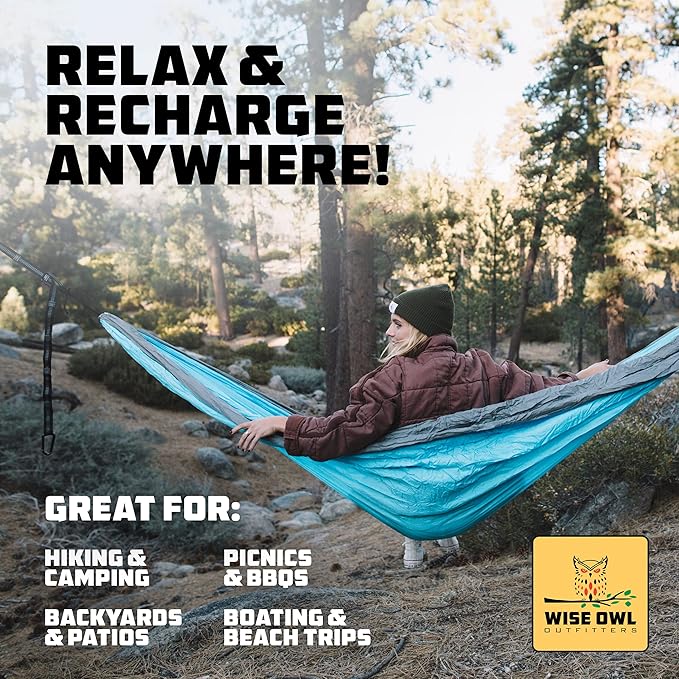 Wise Owl Outfitters Camping Hammock – 500lbs Portable Hammock with Tree Straps - Travel, Backpacking, Hiking, Outdoors Camping Gear - Single or Double WiseOwlOutfitters