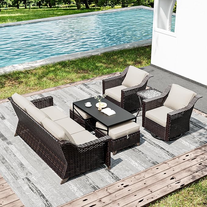Joyside Wicker Patio Furniture Sets, 7 Pieces Upgraded Large Size Outdoor Furniture with Swivel Rocking Patio Chairs, 3-Seat Sofa, Outdoor Ottoman and Coffee Table, Thick Cushions, Wide Armrest Joyside