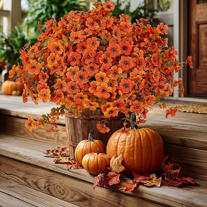 Artificial Fall Flowers Outdoor Fake Mums - 16 Bundles Fake Plants UV Resistant No Fade Faux Plastic Greenery Garden Porch Patio Fall Home Decor (Orangegreen) AXYLEX